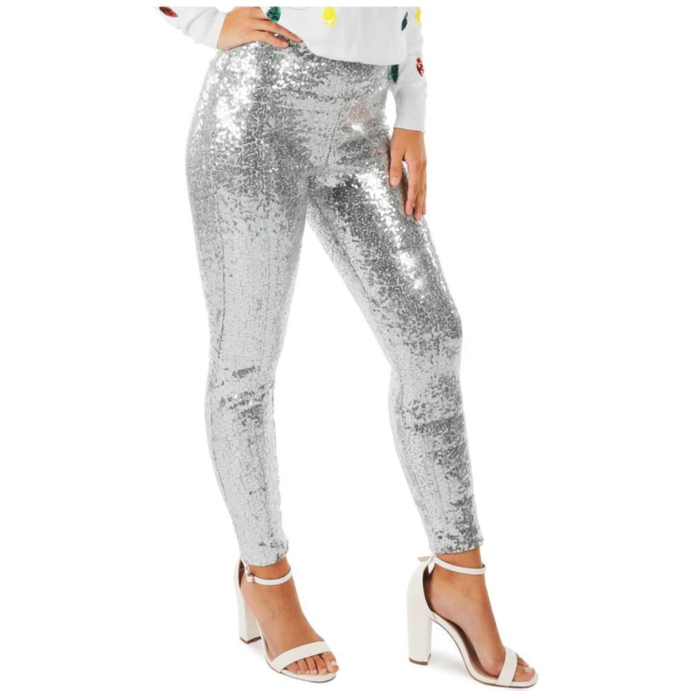 TipsyElves NWT Womens Silver Sequin High Waisted Leggings Pull-on Costume Size S